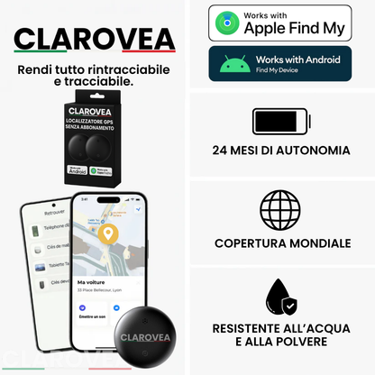 Clarovea™ – Localizzatore GPS per Auto Senza Abbonamento – Funziona con Android & iOS Find My