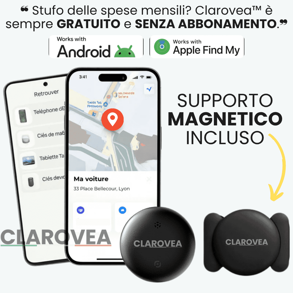 Clarovea™ – Localizzatore GPS per Auto Senza Abbonamento – Funziona con Android & iOS Find My