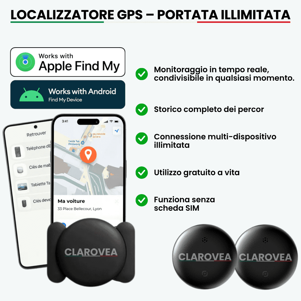 Clarovea™ – GPS Tracker per Moto Senza Abbonamento – Funziona con Android e iOS Find My